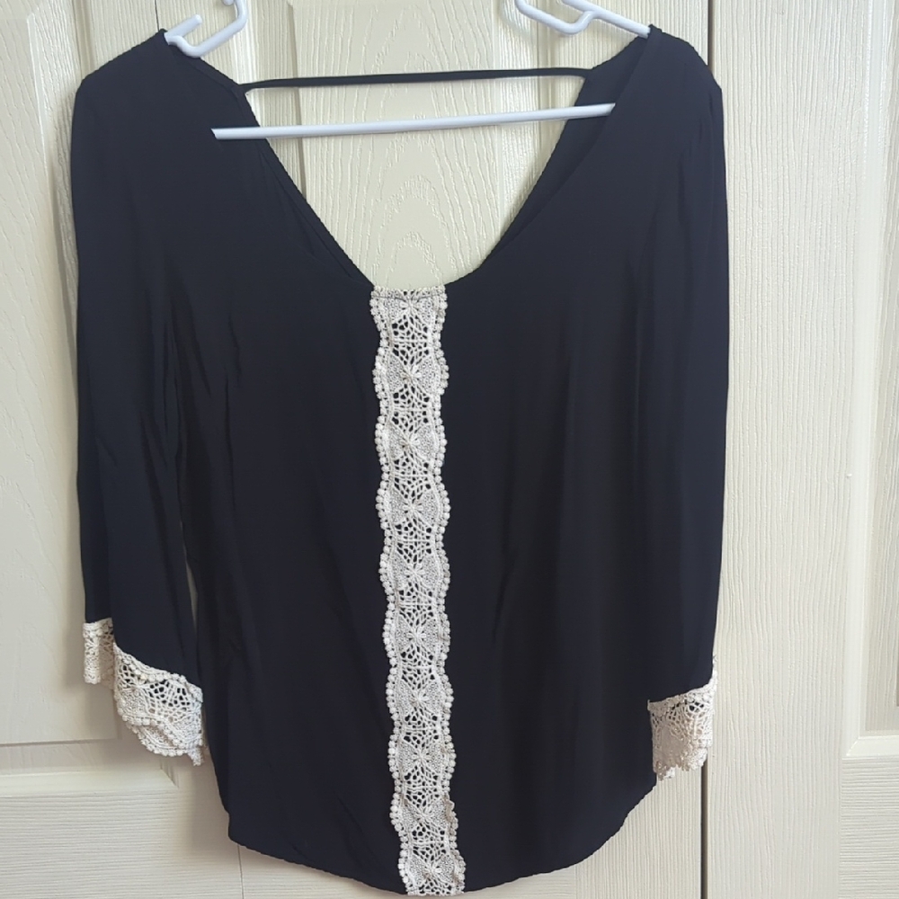 Marineblu Black Blouse with Cream Crochet Center and Cuffs